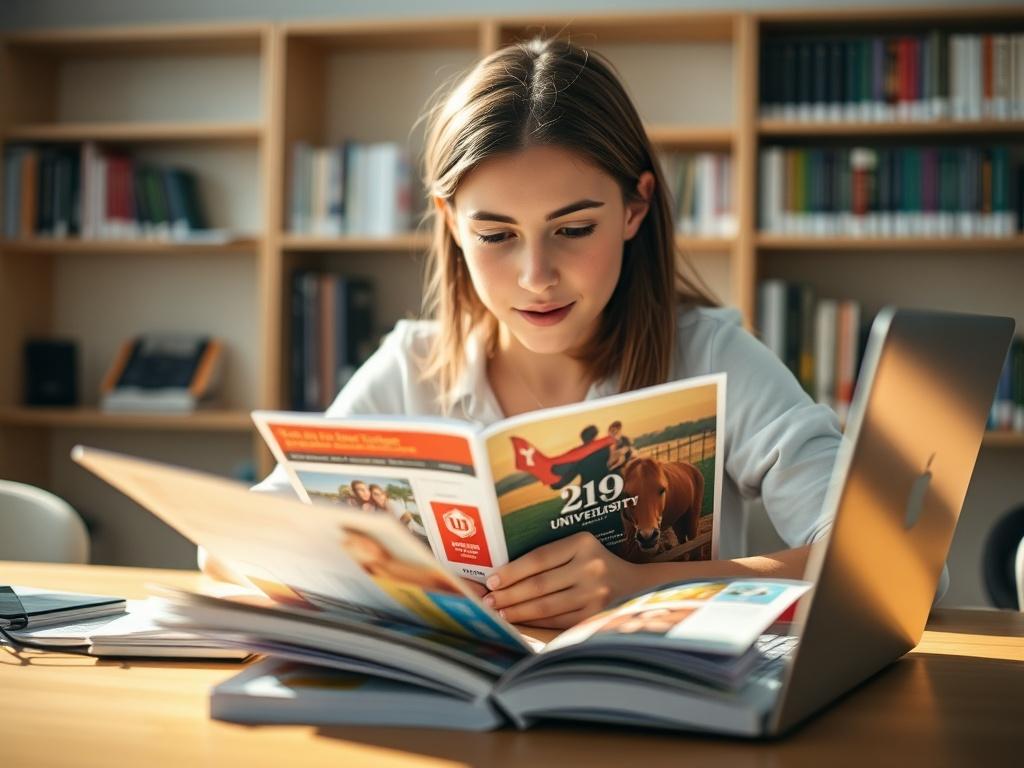 A close-up shot of a student browsing university brochures on a table, with a laptop open beside them. The student appears focused and thoughtful, contemplating their options. Bright natural light illuminates the scene, emphasizing the excitement of exploring educational opportunities in New Zealand. The background features a blurred bookshelf to suggest an academic setting.