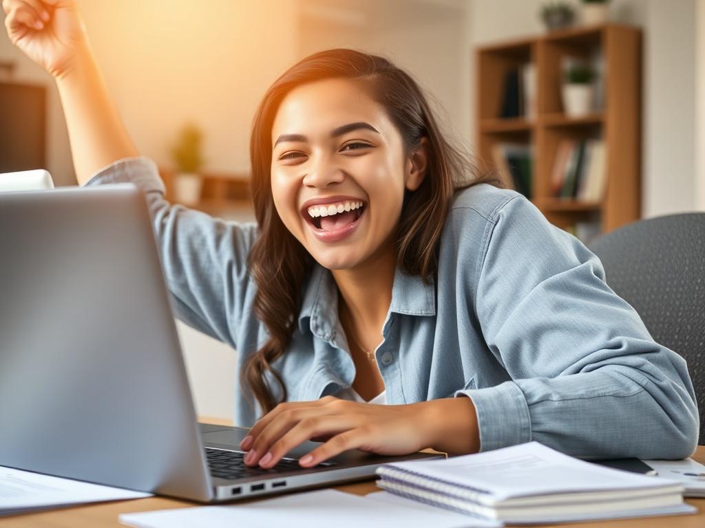 A close-up shot of a student joyfully celebrating after receiving a scholarship notification on their laptop. The student is surrounded by papers and a notepad with notes on funding options. The background is softly blurred, highlighting their excitement and determination. The lighting is bright and uplifting, symbolizing hope and opportunity.