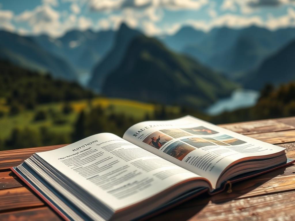 A close-up shot of an open guidebook titled 'Guide to Studying in New Zealand,' placed on a wooden table. The background features a blurred image of New Zealand's stunning landscapes, showcasing lush greenery and mountains. The sunlight casts a warm glow on the pages of the guide, emphasizing the text and images within.