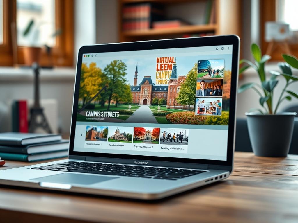 A close-up image of a laptop screen displaying a virtual campus tour interface, with vibrant images of a university campus. The background shows a cozy study area with books and a plant, creating an inviting atmosphere for prospective students.