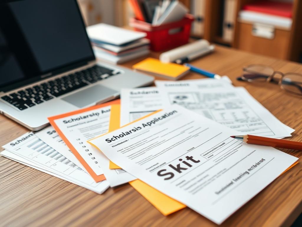 A high-resolution image of a scholarship application toolkit spread out on a desk, featuring colorful documents and a laptop. The background is softly blurred, focusing on the toolkit materials that represent organization and preparation.