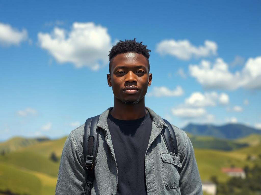 Create a realistic high-resolution photograph focused on a young African student standing confidently in front of a scenic New Zealand landscape. The subject should be a Black male or female, dressed in casual yet stylish attire, exuding a sense of curiosity and determination. The background should feature the iconic rolling green hills of New Zealand, with bright blue skies and fluffy white clouds, showcasing the natural beauty of the country. Capture the image in a simple and clear composition, emphasizin