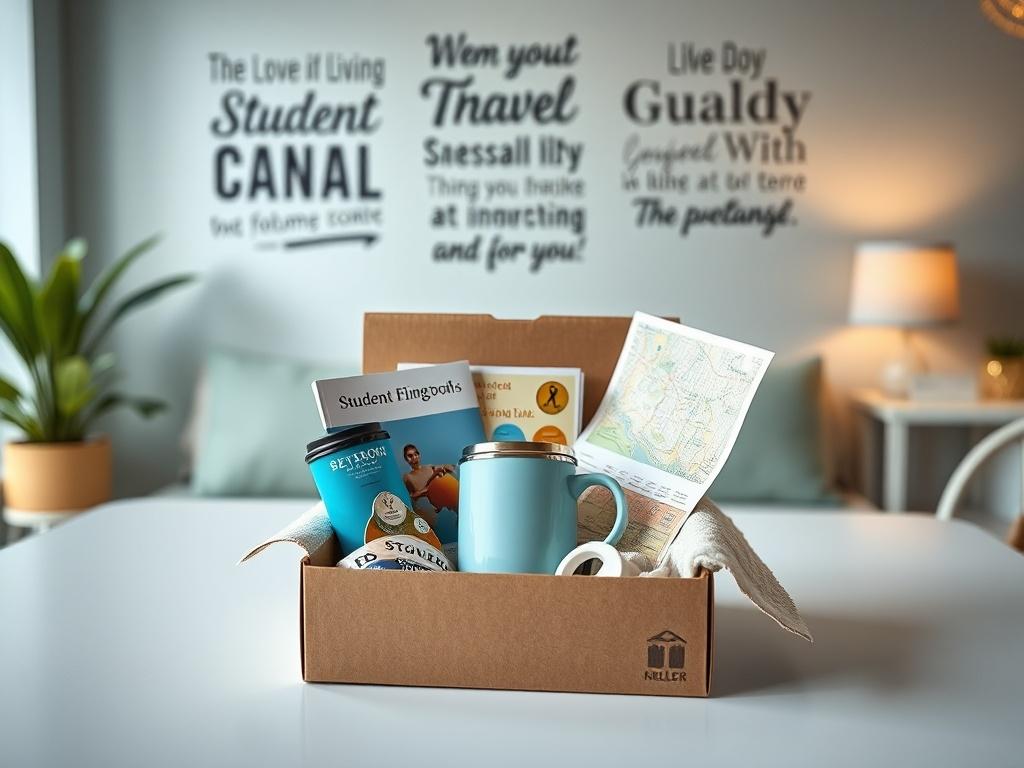 A realistic high-resolution photo of a student living essentials package, featuring a small box with items like a guidebook, travel mug, and local map, arranged aesthetically on a bright table. The setting suggests a comfortable student life, with motivational quotes on the wall in the background.