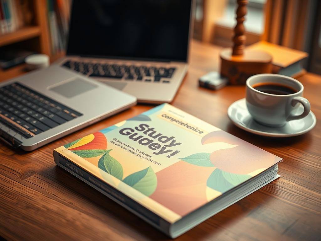 A realistic high-resolution photo of a comprehensive study guide booklet with a vibrant cover, placed on a wooden desk. The background features a cozy study space with a laptop and a cup of coffee. The lighting is warm and inviting, creating an atmosphere of learning and inspiration.