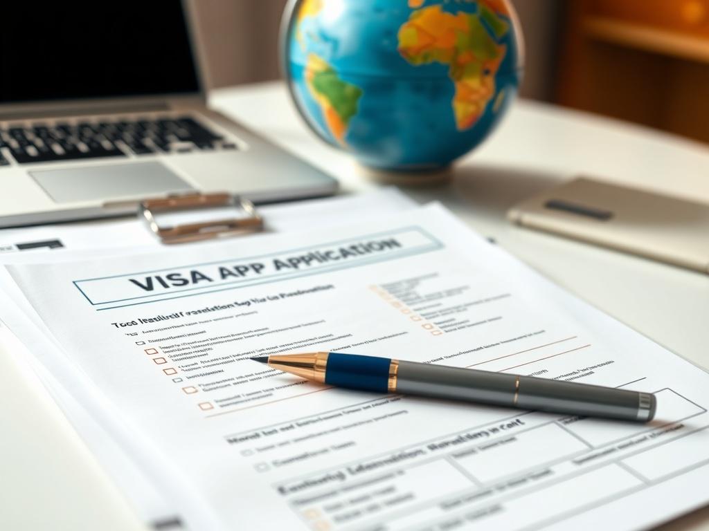 A realistic high-resolution photo of a visa application kit, including forms, a checklist, and a pen, displayed on a clean desk. The background shows a globe and a laptop, symbolizing travel and education. Soft natural light enhances the scene, conveying a sense of professionalism and clarity.