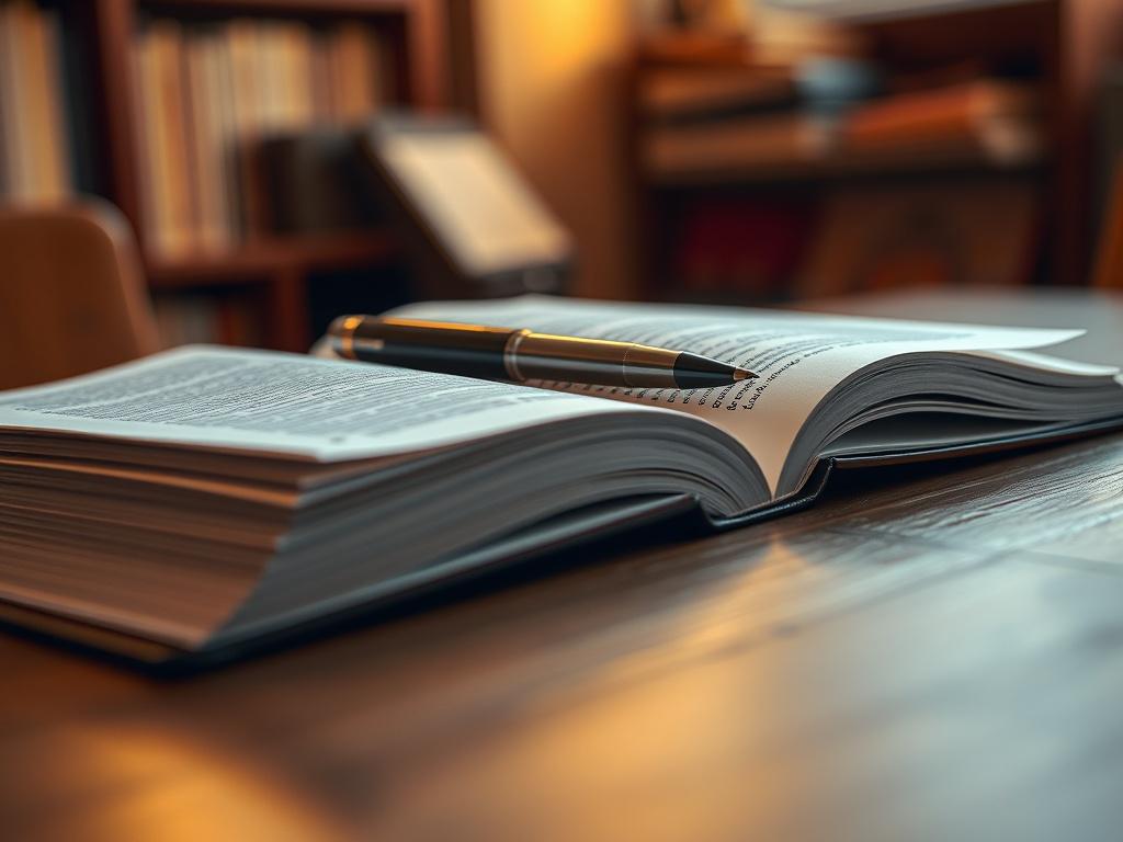 A close-up shot of an open textbook with notes and a pen on a desk, symbolizing study and learning. The background should be blurred to emphasize the book and pen. The lighting should be warm and inviting, creating an atmosphere of focus and dedication. Shot with a 45mm f/1.2 lens for a hyper-realistic effect.