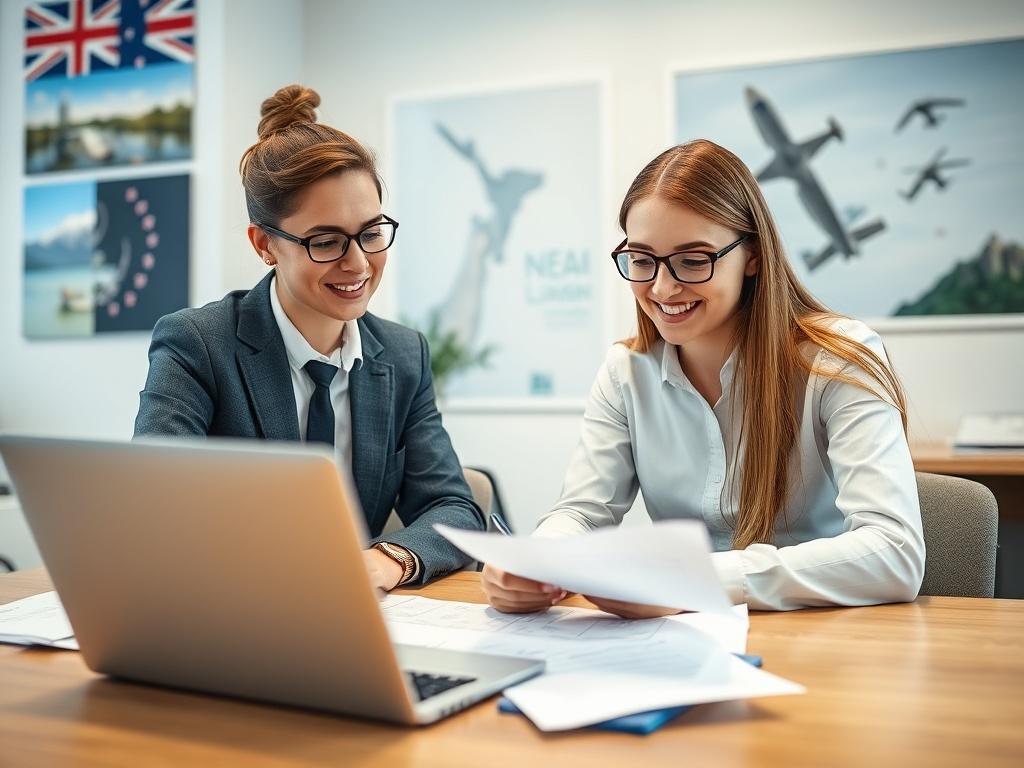 A focused image of a consultant and a student working together on a visa application, with documents and a laptop in front of them. The setting is an office with New Zealand imagery, highlighting a professional yet friendly environment.