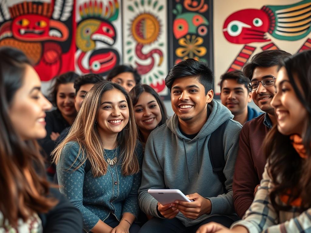 An engaging scene of a diverse group of students participating in a cultural orientation session, surrounded by colorful visuals representing New Zealand culture, such as traditional Maori art. The atmosphere is lively and educational.