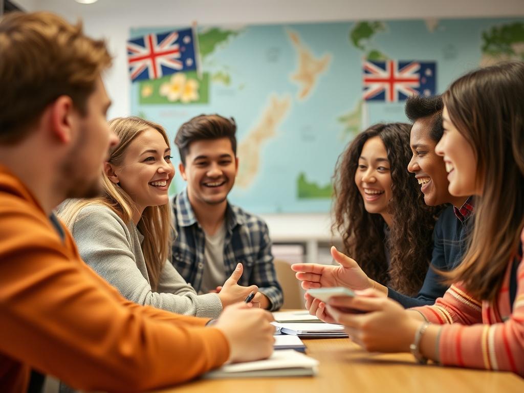 A close-up shot of a diverse group of students engaged in a discussion about course options, showcasing excitement and interest. The setting is a bright, inviting study space with New Zealand-themed decor in the background, emphasizing a warm and welcoming atmosphere.