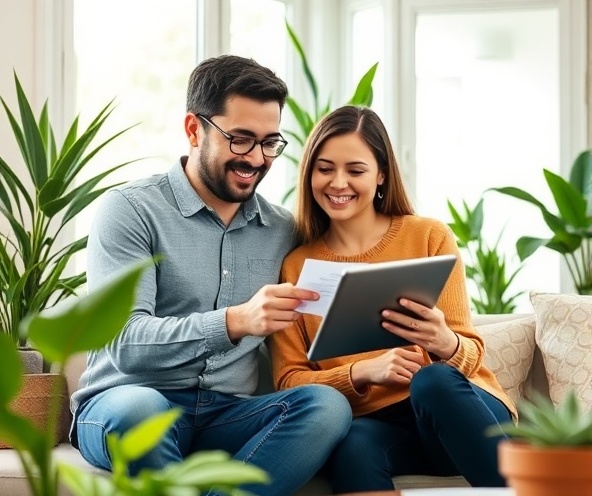 Happy couple managing finances
