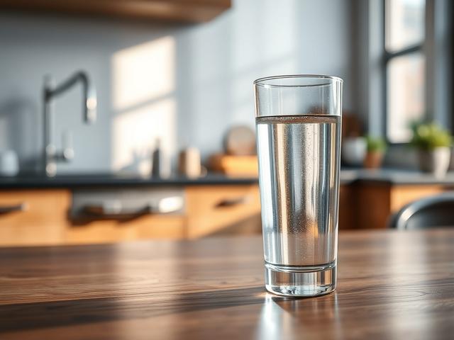 Create a realistic high-resolution image that visually captures the essence of water consumption in Long Island. Focus on a single glass of clear, fresh tap water filled to the brim, showcasing the purity and clarity of the water. The glass should be placed on a clean, polished wooden table to enhance the aesthetic and connect to nature. In the background, incorporate subtle elements that suggest an urban environment, such as a blurred view of a kitchen with modern fixtures and soft sunlight filtering in th