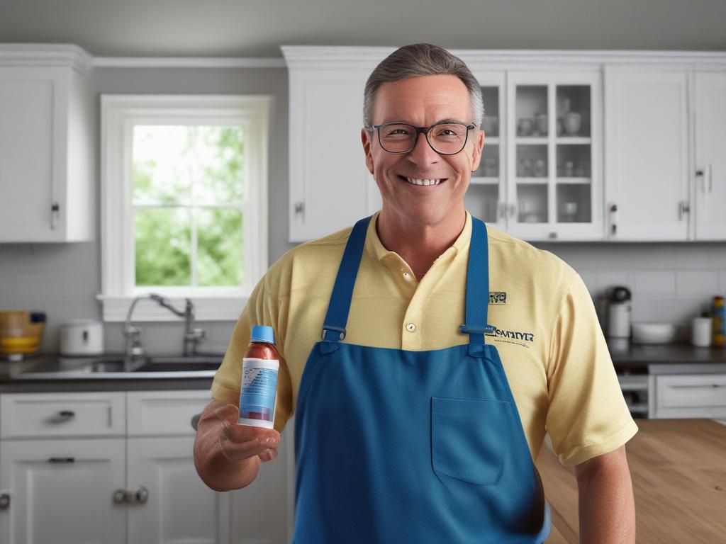 Create a hyper-realistic, high-resolution close-up photograph of a middle-aged homeowner from Long Island, smiling warmly and looking confident, holding a water testing kit branded subtly with Aqua Doctor’s logo colors (primary color rgba(0, 164, 231, 1)). The subject is positioned slightly off-center, framed from mid-chest up, shot with a 45mm f/1.2 lens style to ensure a sharp, detailed focus on the homeowner’s face and hands, with a softly blurred background. The background suggests a bright, clean kitch