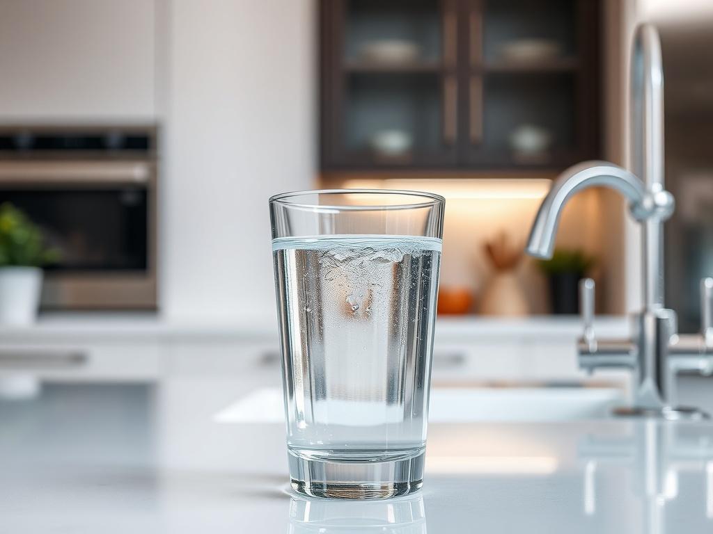 Create a realistic high-resolution photo that visually represents the blog titled "The Hidden Cost of 'Clean Enough' Water: Why Purification Pays Off in the Long Run." The image should focus on a single subject: a crystal-clear glass of purified water, prominently situated in the center of the frame. The glass should be filled to the brim, showcasing the pristine quality of the water, with gentle ripples reflecting subtle light. 
Use a shallow depth of field to blur the background, which features a softly