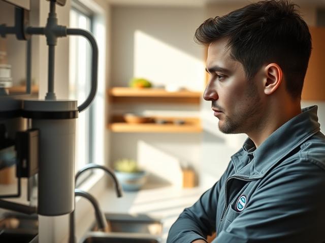 Create a realistic high-resolution photo featuring a close-up shot of a professional water filter technician examining a water filtration system in a modern kitchen. The technician, dressed in a branded uniform, should be the sole subject of the image, demonstrating expertise and attentiveness. 

The background should display a clean, well-lit kitchen environment with a sleek countertop and a mounted water filter system that subtly showcases its features. Ensure that the water filtration system is clearly v