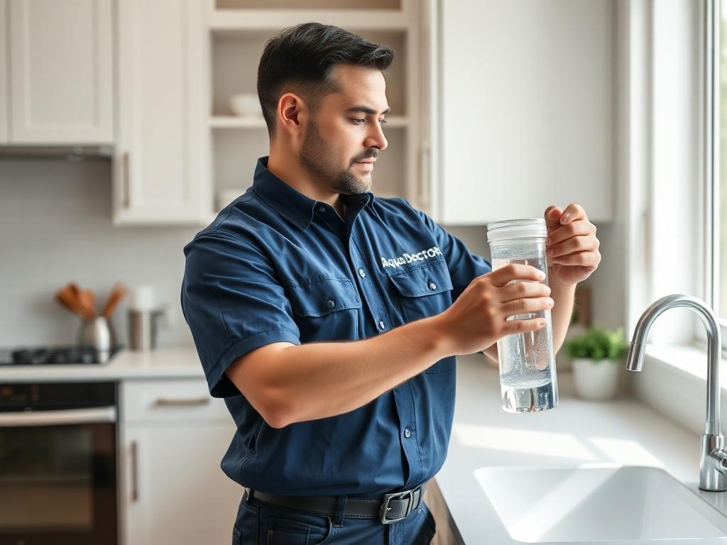 Create a realistic high-resolution photo that captures the essence of Aqua Doctor as a leading water filtration company in Suffolk County, NY. The main subject of the image should be a professional water filtration technician in a crisp, branded Aqua Doctor uniform, demonstrating expertise and trustworthiness. The technician should be installing or demonstrating a water filtration system in a clean, modern kitchen setting, emphasizing the importance of quality water in a home.

In the background, include st