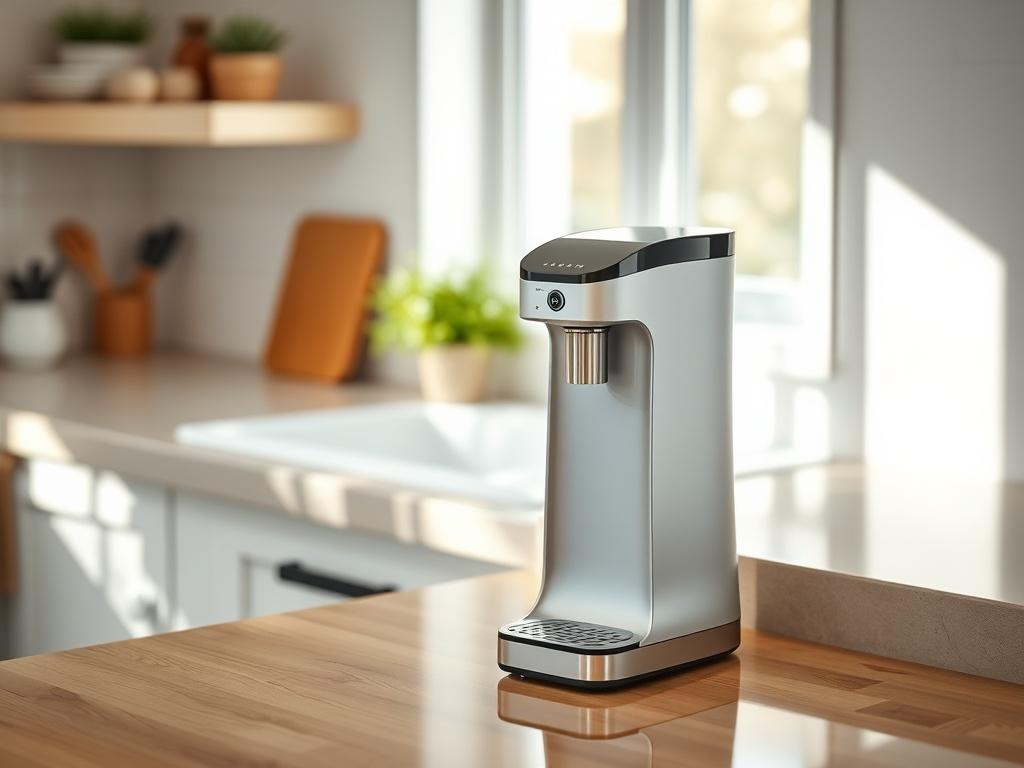 Create a realistic high-resolution photo of a well-lit and inviting kitchen countertop featuring a sleek, modern water filtration system as the single subject. Ensure that the filtration system is the focal point, showcasing its elegant design and functional features. The background should include soft, blurred elements of the kitchen, such as a beautiful sink, a few potted herbs, and natural light streaming in through a nearby window, creating a warm and welcoming atmosphere.

Incorporate a subtle reflecti