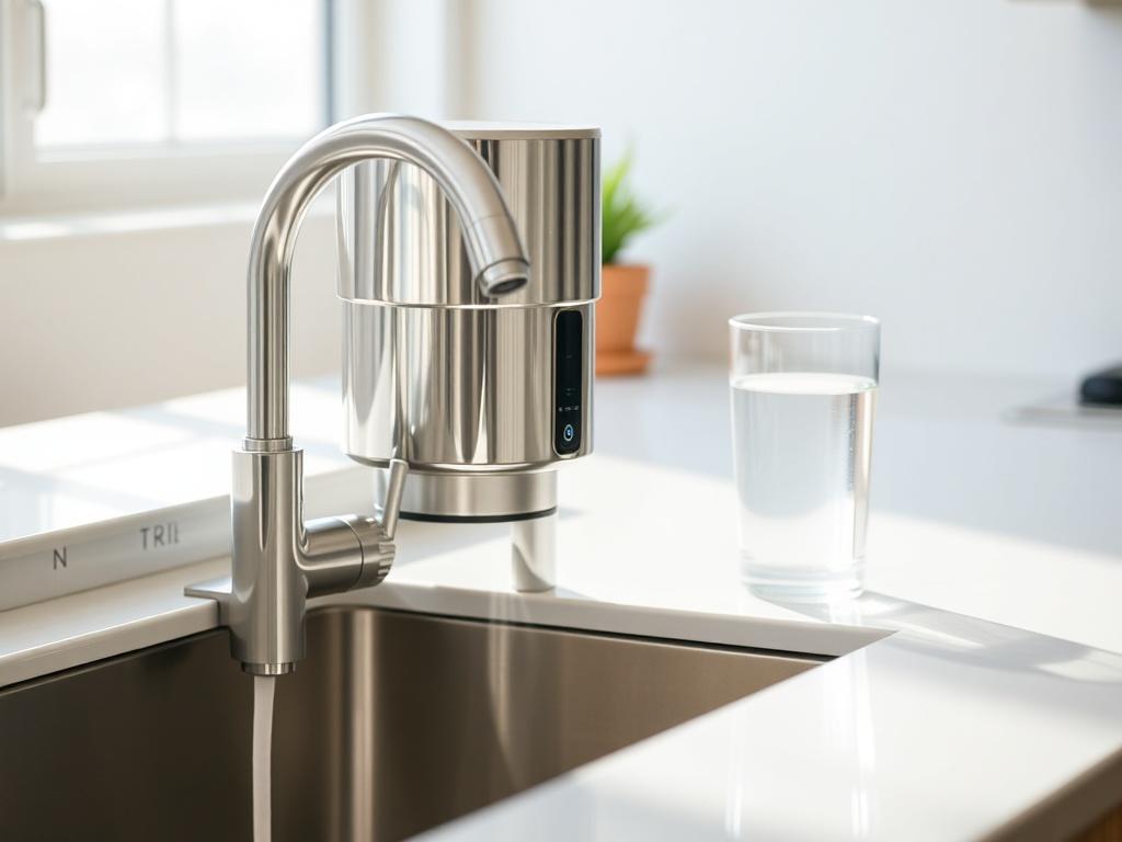 **AI Image Generation Prompt:**

Create a realistic high-resolution photo featuring a pristine kitchen sink with a modern water filtration system installed. The focus should be on the filtration unit itself, which should be sleek and stainless steel, capturing light to highlight its polished surface. In the background, slightly blurred, display a glass of clear, filtered water placed next to the sink, symbolizing purity and cleanliness.

The kitchen should have a bright and airy atmosphere, with light strea