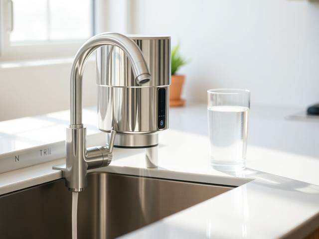 **AI Image Generation Prompt:**

Create a realistic high-resolution photo featuring a pristine kitchen sink with a modern water filtration system installed. The focus should be on the filtration unit itself, which should be sleek and stainless steel, capturing light to highlight its polished surface. In the background, slightly blurred, display a glass of clear, filtered water placed next to the sink, symbolizing purity and cleanliness.

The kitchen should have a bright and airy atmosphere, with light strea