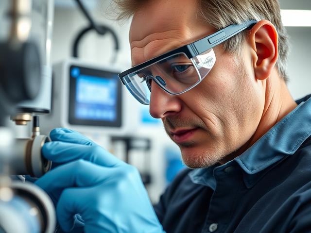 Create a highly detailed image that captures the essence of water purification expertise. The composition should focus on a close-up shot of a water purification expert in action, wearing safety gear such as gloves and goggles, with a look of concentration as they meticulously inspect a water filtration system. The subject should be a middle-aged, Caucasian male, conveying professionalism and expertise. 

The background should feature a clean, well-organized workspace with water purification equipment visib