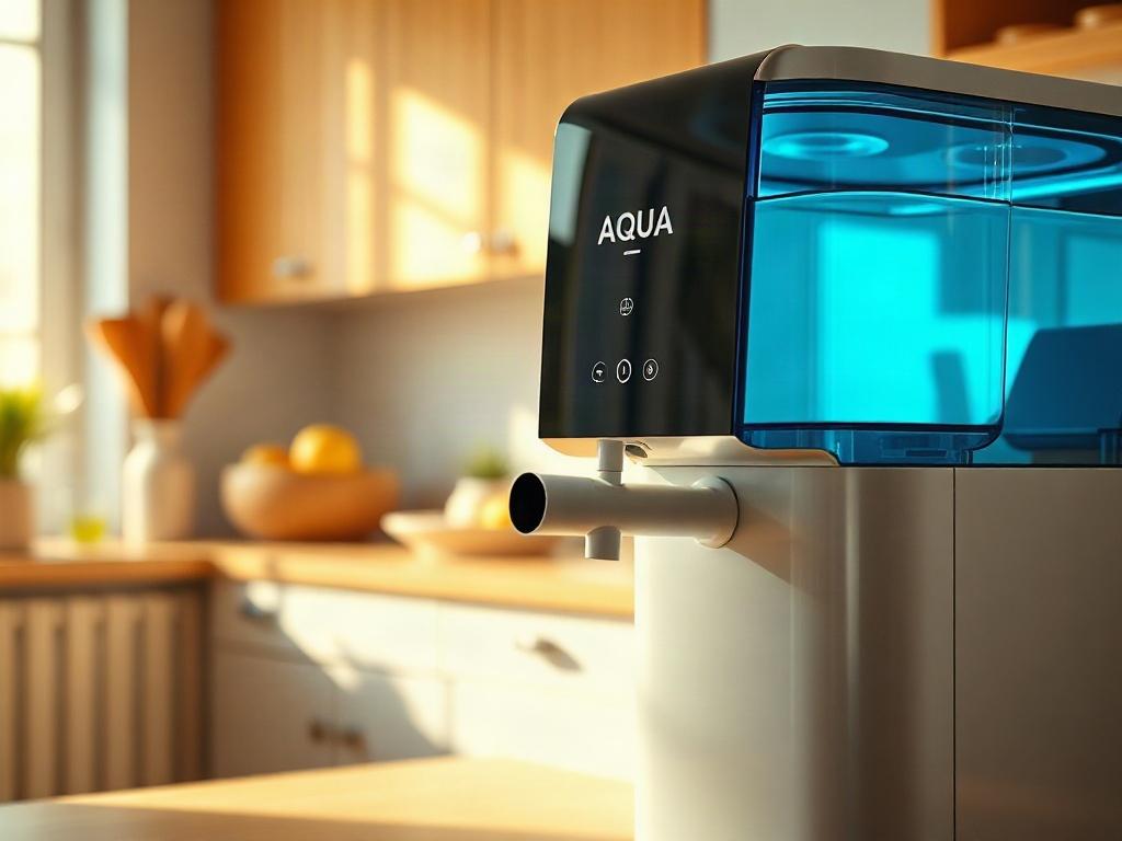 Create a realistic high-resolution photo featuring a sleek, modern aqua home water purifier as the central subject. The purifier should be in close-up focus, showcasing its elegant design and clean lines. The background should be a softly blurred kitchen environment to give context without distracting from the purifier. Warm, natural light should illuminate the image, highlighting the materials and textures of the appliance. 

Use a 45mm f/1.2 lens style to achieve a shallow depth of field, which accentuate