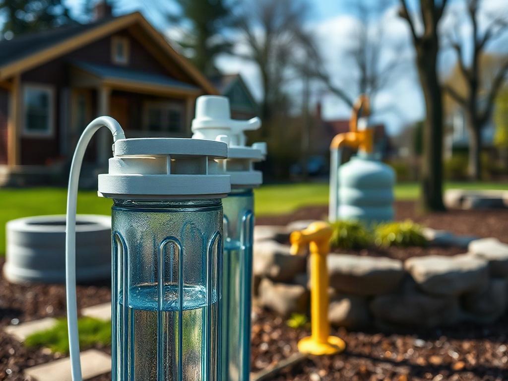 Create a realistic high-resolution photo that visually represents the topic of "Well Water vs. Public Water on Long Island: Filtration Needs Compared." The composition should feature a clear, close-up shot of a water filtration system as the main subject, highlighting any identifiable components like filters and water tanks. 

In the background, subtly include elements that symbolize both well water and public water sources, such as a rustic, natural setting with a well and a more urban scene showcasing pub