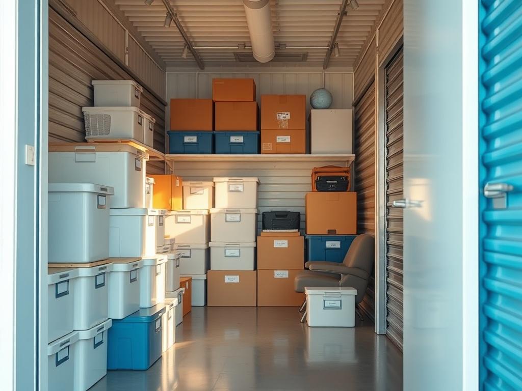 **AI Image Generation Prompt:**

Create a realistic high-resolution photo featuring a well-organized self-storage unit. The subject is a neatly arranged storage space, showcasing various boxes, labeled bins, and furniture neatly lined up against the walls. The scene should depict a strategic approach to self-storage, highlighting how it facilitates decluttering for sellers preparing their homes for the market.

The composition should focus solely on the clean and orderly storage unit, without any additional