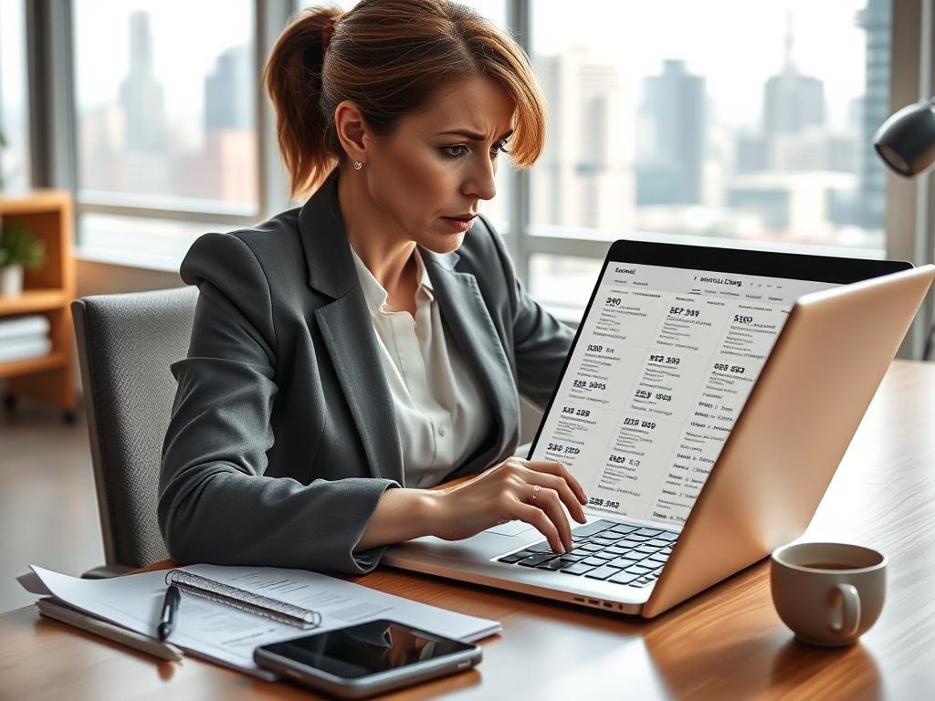 **AI Image Generation Prompt:**

Create a realistic high-resolution photo of a frustrated real estate agent sitting at a desk, reviewing a long list of rental property listings on a laptop. The agent, a middle-aged Caucasian woman with brown hair tied back neatly, has a concerned expression as she analyzes the data. She wears a smart, professional outfit, complete with a blazer and a blouse.

In the foreground, focus on the agent's hands hovering over the keyboard, emphasizing the act of searching and engag