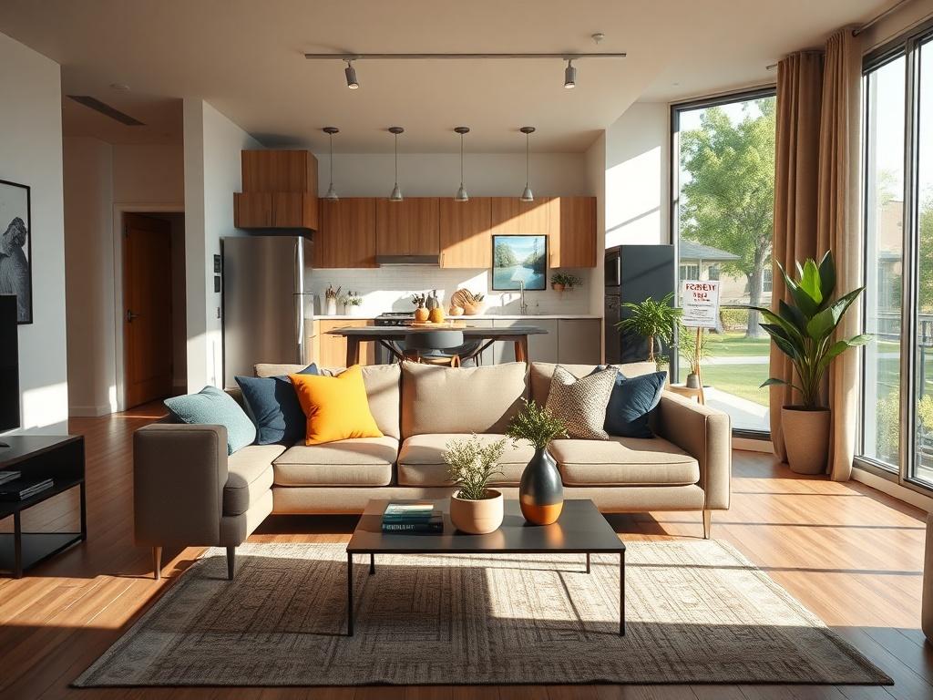 Create a realistic high-resolution photo featuring an apartment rental unit in Albany, NY, that embodies the current rental market trends. The composition should be simple and clear, focusing on a bright, inviting living room space that showcases modern decor and stylish furnishings. Position a comfortable sofa with an elegant coffee table in the center of the room. Natural light should flood through large windows, casting soft shadows and highlighting the vibrant colors of the decor. 

In the background, i