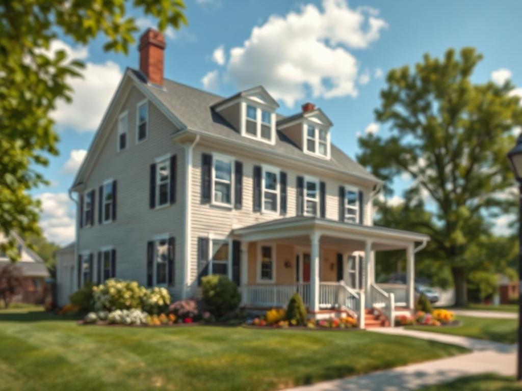 **AI Image Generation Prompt:**

Create a realistic high-resolution photo focusing on a single house for sale in a suburban neighborhood of the Capital Region, NY. The house should be a charming two-story home with a well-maintained lawn, adorned with flower beds, capturing the essence of a typical family residence in this area. Use a soft focus on the house to highlight its features, such as the inviting front porch, large windows, and a welcoming entryway.

The background should feature a clear blue sky w