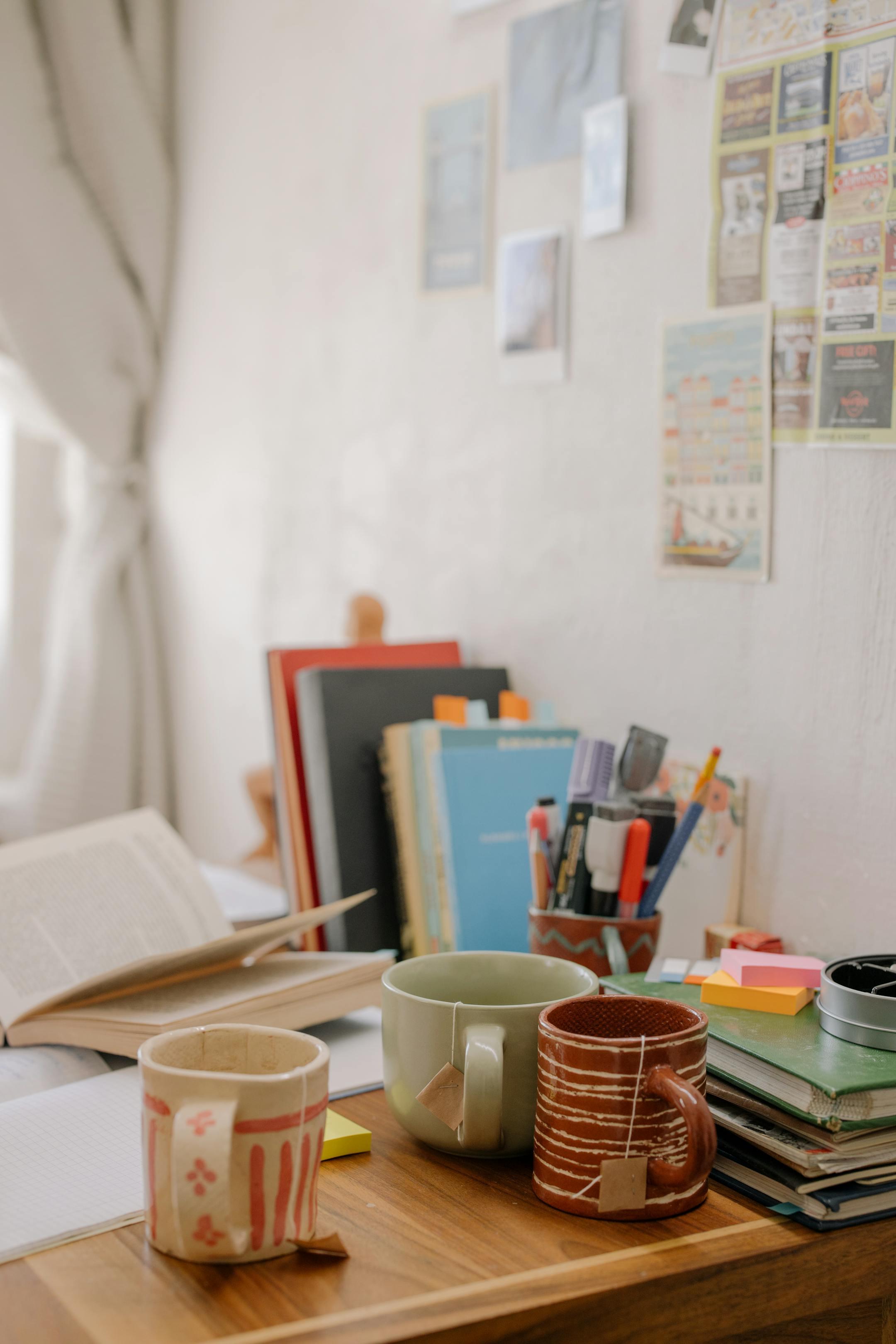 A cozy desk setup with books, stationery, and tea mugs, ideal for studying and working.