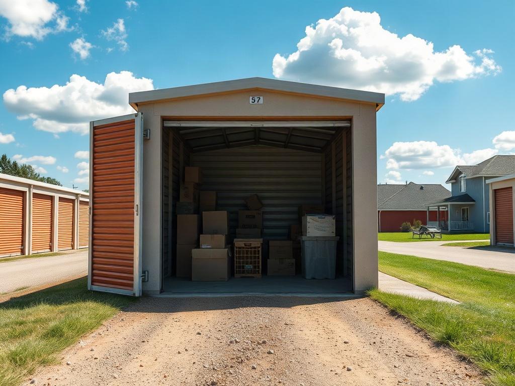 **AI Image Generation Prompt:**

Create a realistic high-resolution photo that captures the essence of a self-storage facility in Troy, NY. The focal point should be a well-maintained self-storage unit with an open door, revealing stacked boxes and household items inside, symbolizing the common usage of these spaces. The subject should be the storage unit itself, prominently placed in the center of the composition. 

Set the scene with a clear blue sky and a few fluffy white clouds in the background, indica