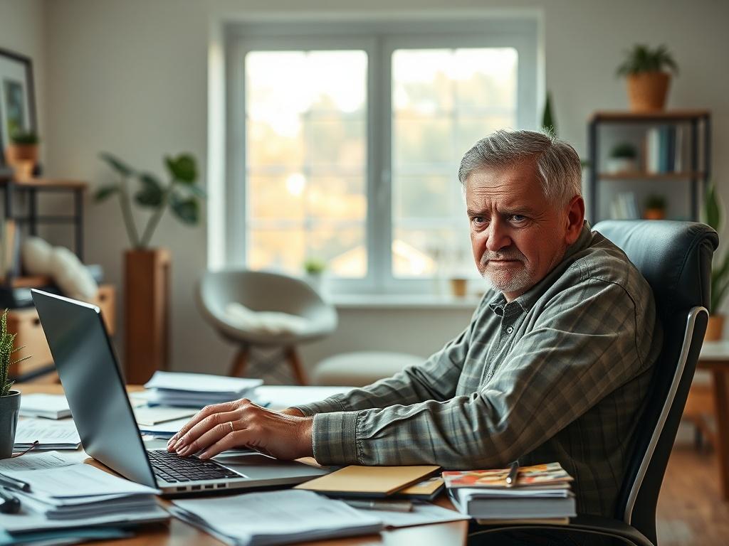 **AI Image Generation Prompt:**

Create a realistic high-resolution image showcasing a weary landlord or property owner in a modern home office setting. The subject, a middle-aged individual with a frustrated expression, should be seated at a desk cluttered with paperwork, bills, and a laptop displaying property management software. The individual should be the only subject in the image, clearly conveying the feeling of being overwhelmed by the responsibilities of self-managing rental properties.

The backg