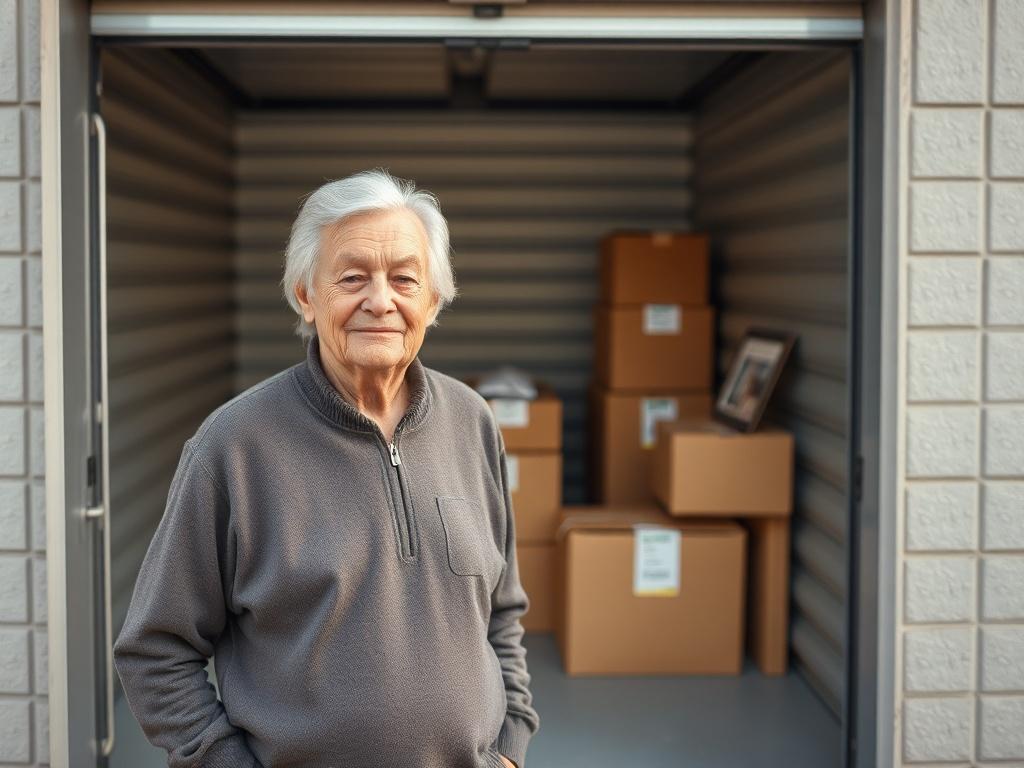 **AI Image Generation Prompt:**

Create a realistic, high-resolution photo that captures the essence of downsizing for retirees or empty nesters. The focal point of the image should be a serene, organized self-storage unit, visibly secure and well-maintained. The subject should be a middle-aged or elderly individual, calmly evaluating their belongings as they stand outside the open storage unit, reflecting a sense of peace and relief in their expression.

In the background, incorporate soft, natural lightin