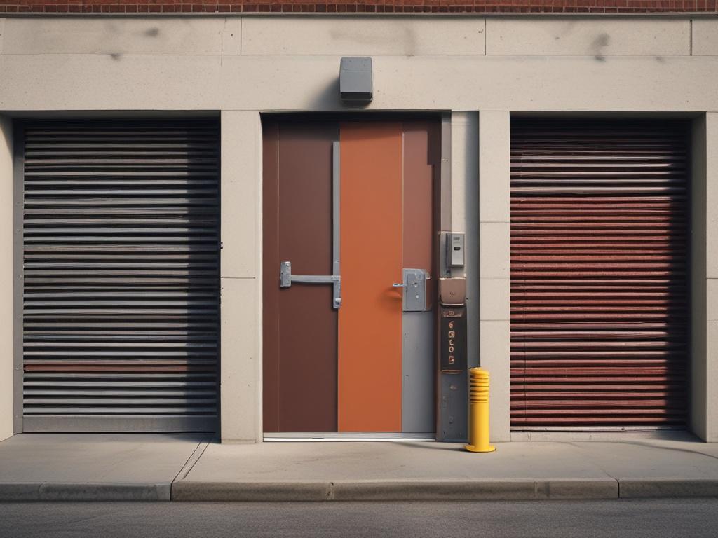 **AI Image Generation Prompt:**
Create a hyper-realistic, high-resolution close-up shot of an affordable self-storage unit door in the Capital Region. The focus should be on the sturdy metal door, showcasing a durable lock—symbolizing security for stored belongings. The door should be partially open, revealing a glimpse of neatly organized boxes and personal items inside the unit. The composition should be simple and clear, emphasizing the reliability and accessibility of the self-storage facility. 
Make