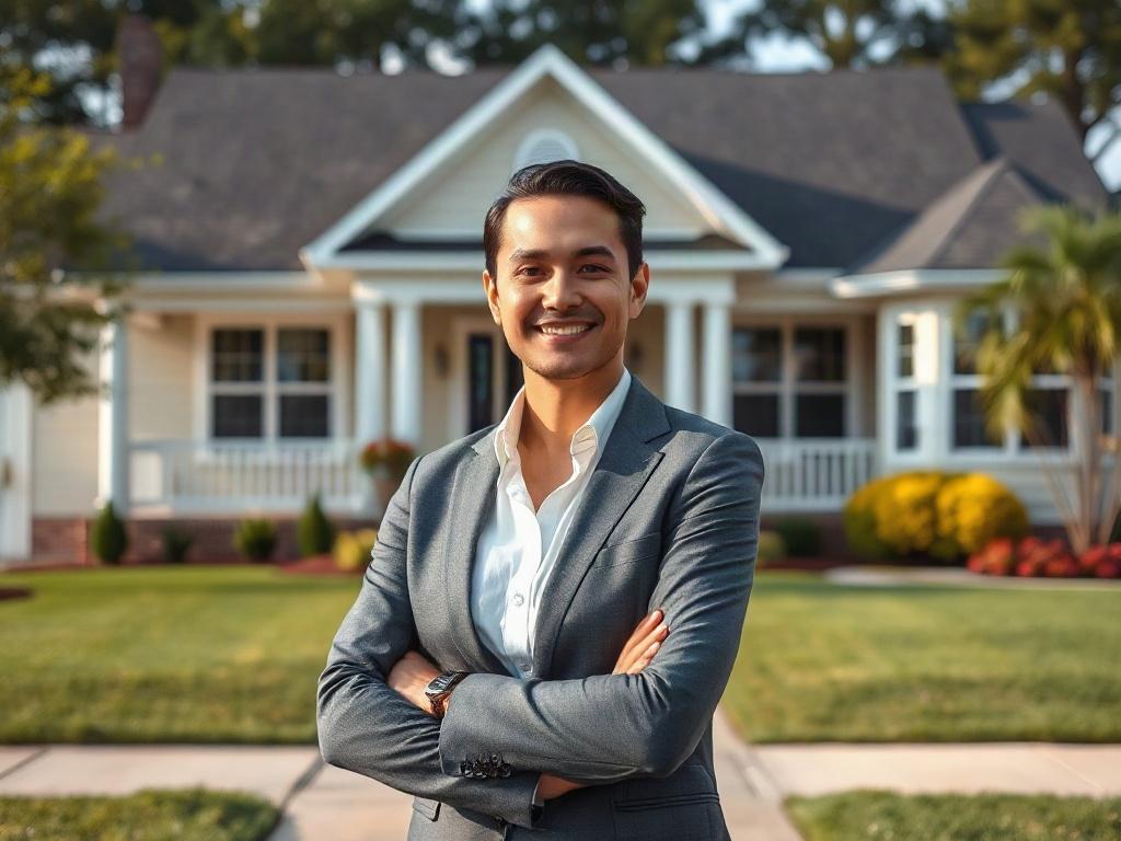 **AI Image Generation Prompt:**

Create a realistic high-resolution photo that encapsulates the essence of Reliable Properties LLC’s real estate and property services. The image should feature a single, welcoming real estate agent standing confidently in front of a beautifully maintained residential property. 

**Composition:**
- The agent should be dressed in professional attire, exuding a warm and approachable demeanor, with a friendly smile.
- Position the agent slightly off-center to create a dynamic co