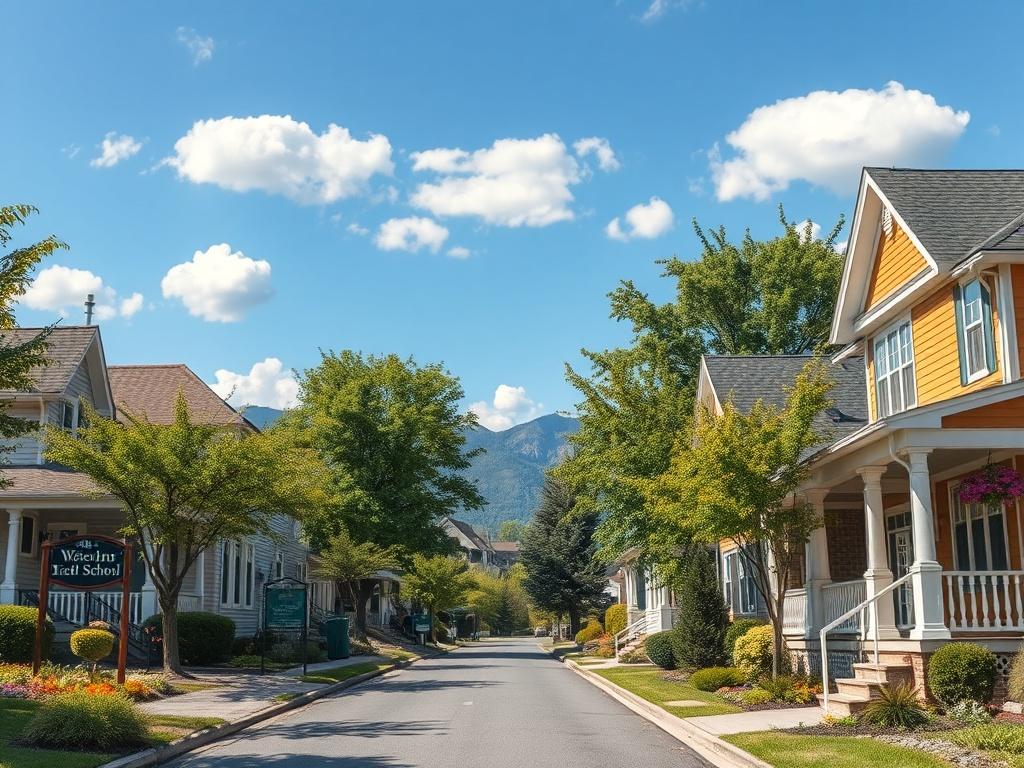 Create a realistic high-resolution photo that captures the essence of a picturesque neighborhood in Rensselaer, NY, focusing on a single vibrant street scene. The image should feature a charming, tree-lined street with well-maintained homes that represent various architectural styles, including classic and modern designs. 

For the composition, place the street at a slight angle, leading the viewer's eye deeper into the neighborhood. Ensure the homes on both sides exhibit unique character, showcasing vibran