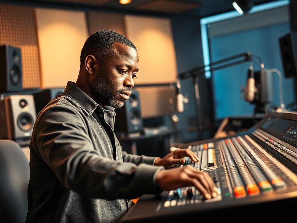 Create a realistic high-resolution photo featuring a professional audio producer in a modern recording studio. The subject should be a mid-aged Black male with a focused expression as he expertly adjusts sound levels on a mixing console. The background should showcase a variety of acoustic panels, microphones, and digital audio equipment, emphasizing a high-tech music production environment. Ensure the lighting is warm and inviting, casting subtle highlights on the producer's focused face and the glossy sur