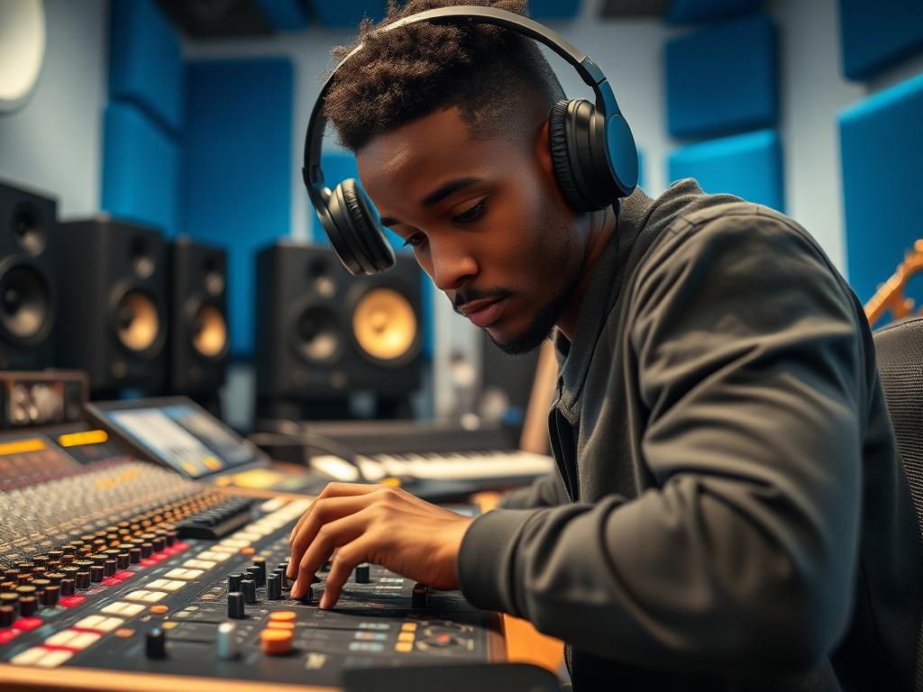 A close-up shot of a professional music producer in a modern recording studio, focused on composing a unique melody. The room is filled with high-end audio equipment, sound panels, and musical instruments. The producer, a young Black male, is intently listening through headphones while adjusting sound levels on a mixing console. The background is softly lit, emphasizing the creative atmosphere, with a vibrant blue accent color in the studio decor.