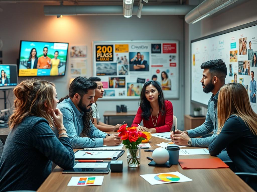 A high-resolution image of a vibrant advertising campaign in action, featuring a professional setting with a creative team brainstorming around a table. The team is engaged, showcasing a mix of diverse individuals. The background is filled with colorful advertising materials, digital screens displaying ads, and a whiteboard with brainstorming ideas. The lighting is bright and inviting, emphasizing a collaborative atmosphere. The color palette should align with the rgb(2, 86, 197) primary color.