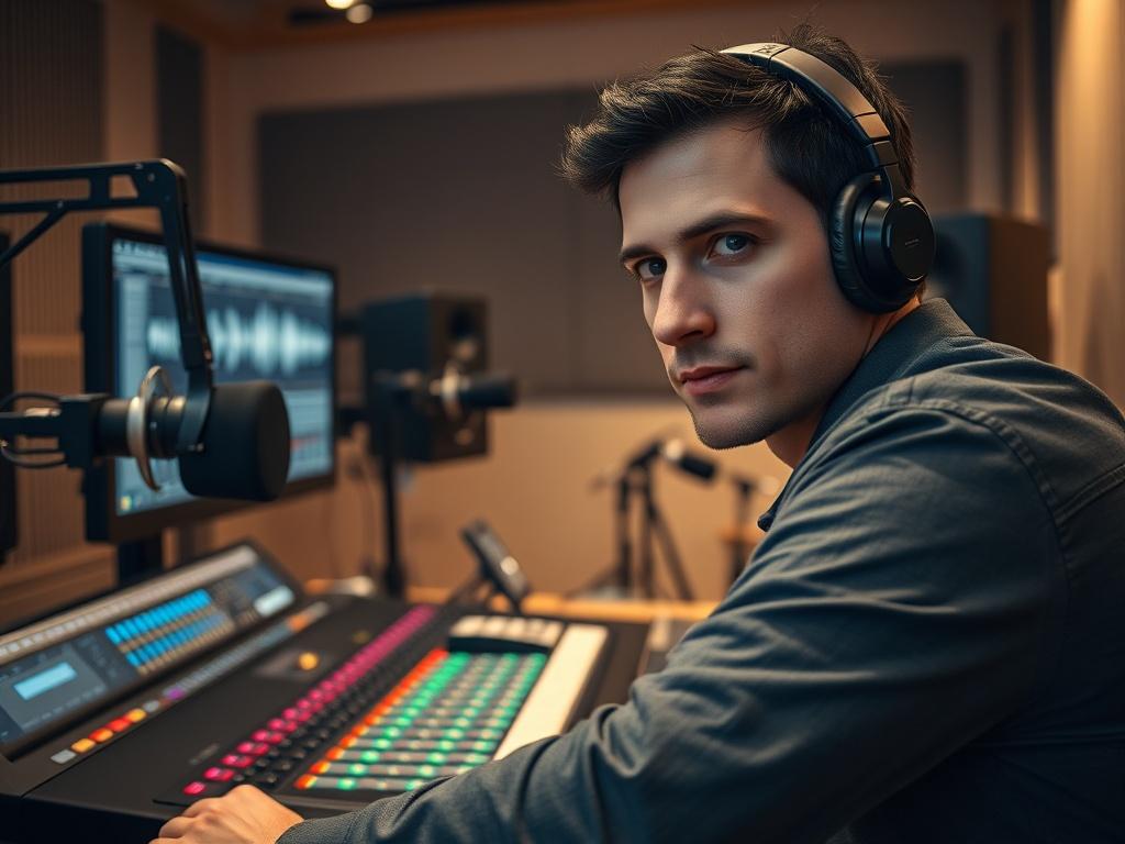 Create a realistic high-resolution photo featuring a focused close-up of a professional audio engineer in a modern studio setting. The engineer, a mid-30s Caucasian male with short dark hair, is sitting in front of a mixing console, deeply engaged in the process of creating music. His expression reflects concentration and creativity as he uses headphones, with sound waves visible on a computer screen in the background.

The studio should have an inviting atmosphere, featuring warm lighting that highlights t