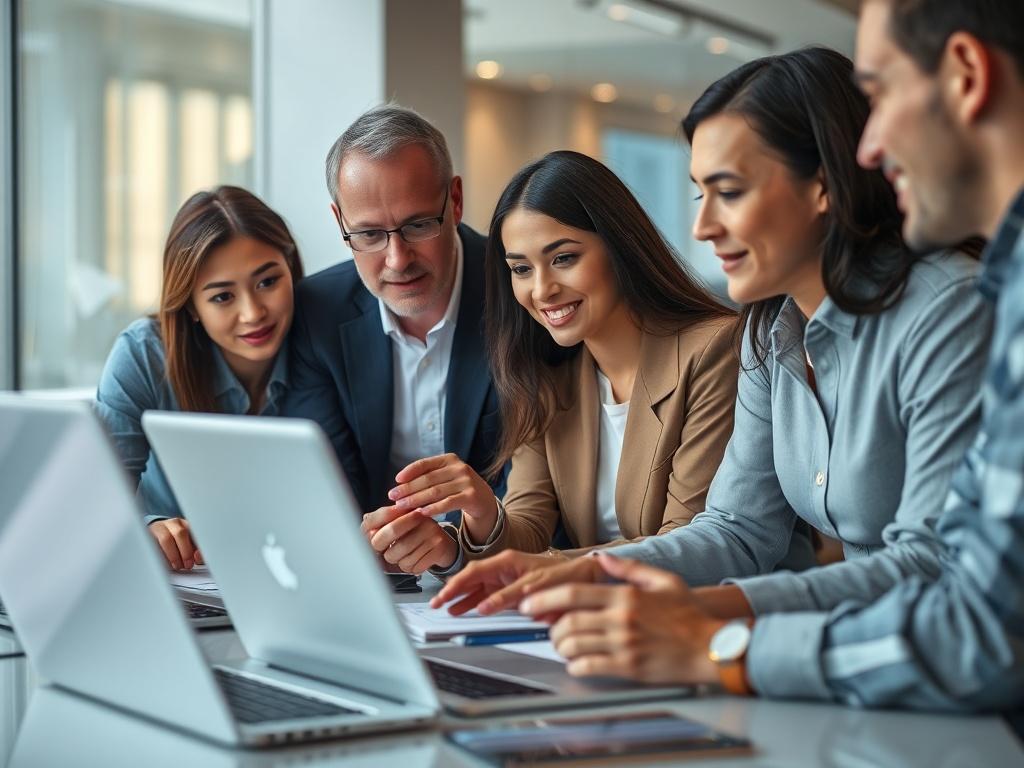A hyper-realistic close-up shot of a professional team brainstorming in a modern office setting. The focus should be on a diverse group of individuals engaged in a discussion, with laptops and digital tools in front of them. The background should be softly blurred to emphasize the team's interaction, capturing a collaborative and innovative atmosphere. The color palette should incorporate the primary color rgb(2, 86, 197) subtly in elements like office decor or device screens.