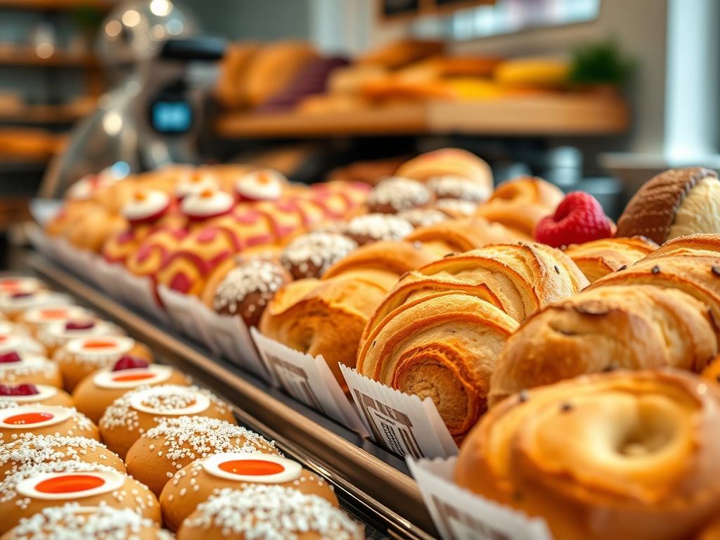 A hyper-realistic close-up shot of a beautifully crafted bakery display, showcasing fresh pastries and bread with vibrant colors. The background should be soft and blurred, emphasizing the delicious offerings. The image should have a warm and inviting feel, captured with a 45mm f/1.2 lens style.