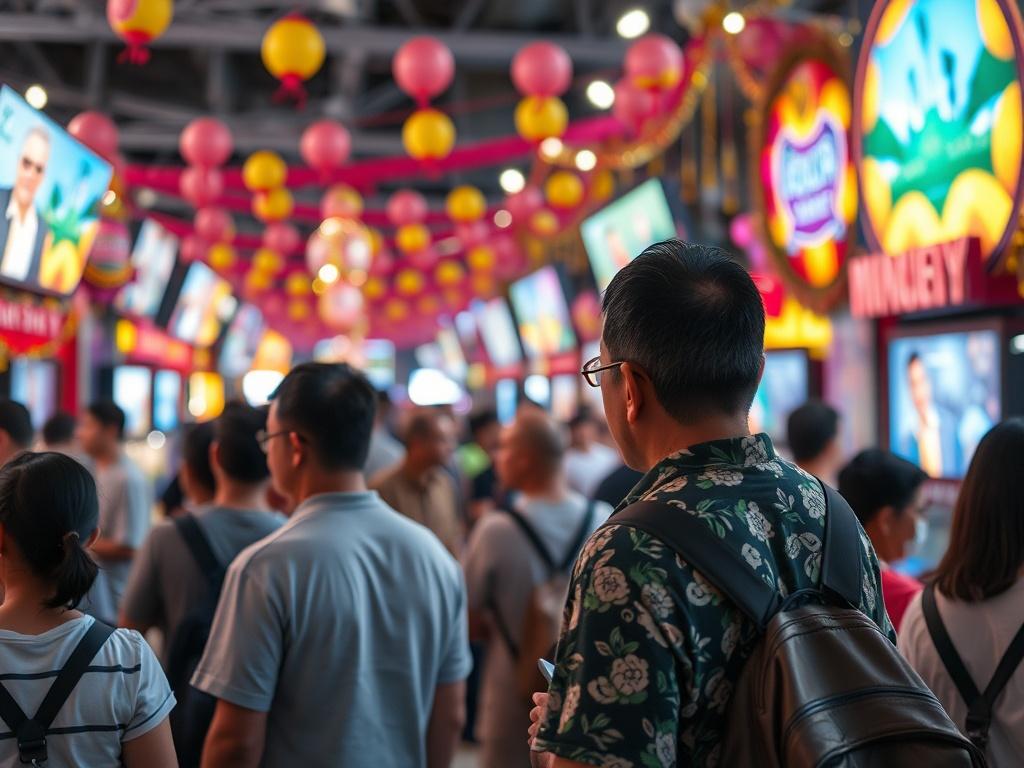 A hyper-realistic close-up shot of a lively community event with people interacting and enjoying various multimedia displays. The background should be vibrant and colorful, showing decorations and activities, captured with a 45mm f/1.2 lens style.