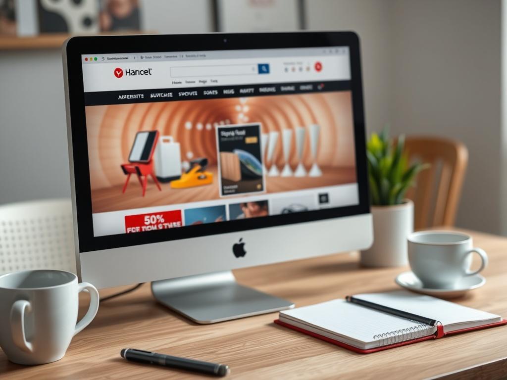 A hyper-realistic close-up shot of a computer screen displaying an e-commerce website with a vibrant product showcase. The background should include elements of a modern workspace, like a coffee cup and notebook, captured with a 45mm f/1.2 lens style.