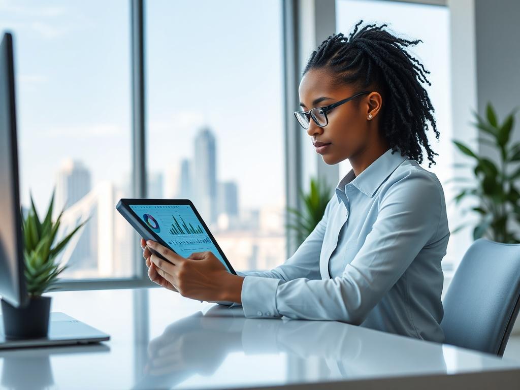 **Prompt for AI Image Generator:**

Create a realistic high-resolution photo that embodies the theme of "The Future of Digital Marketing." The image should feature a single subject: a young, diverse professional sitting at a sleek, modern desk in a well-lit office environment. The professional is intently analyzing data on a high-tech tablet, showcasing a futuristic interface with graphs and statistics. 

The background should be a minimalistic office space, featuring elements such as a large window allowing natural light to flood in, plants for a touch of greenery, and a modern cityscape visible outside, suggesting innovation and progress. The composition should be simple and clear, focusing on the professional as the primary subject while allowing the clean lines of the office setting to complement the overall theme of digital marketing innovation.

The color palette should include shades of blue, aligning with the rgb(2, 86, 197) primary color, creating a fresh and professional atmosphere. The image should convey a sense of anticipation and excitement around the emerging trends in digital marketing for 2024, highlighting technology, creativity, and professionalism. Please ensure that the final image does not include any text or abstract shapes.