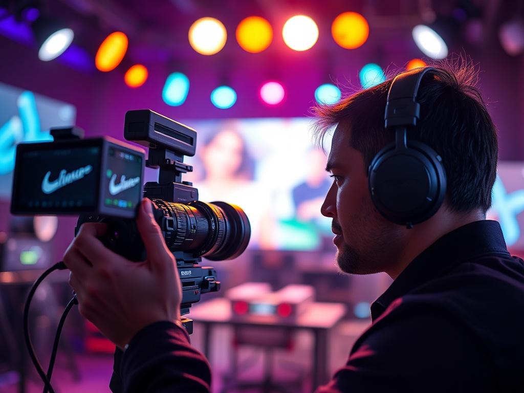 A close up shot of a professional videographer capturing a