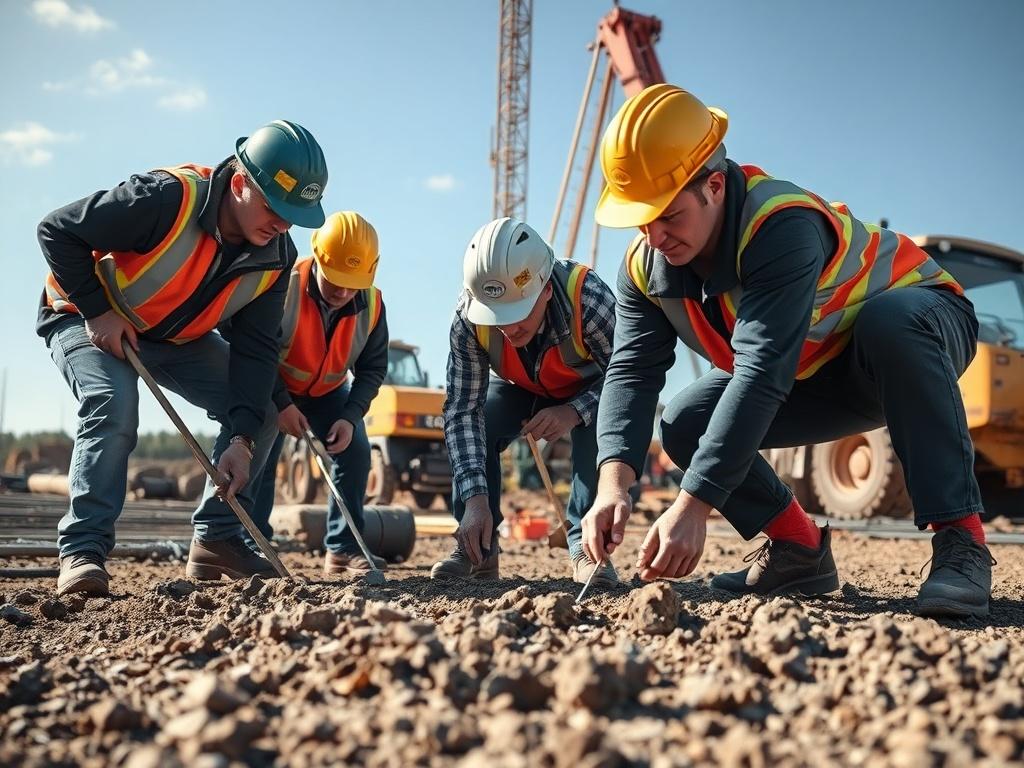 A close up shot of a construction team collaborating on