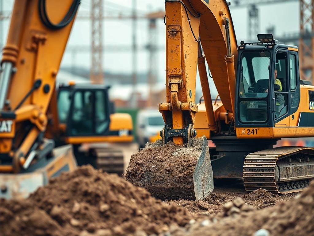 A hyper-realistic close-up shot of excavating equipment at work on a construction site, with the focus on the machinery and earth being moved. The background should be a blurred construction site, showcasing an active work environment. The colors should be warm and earthy, compatible with the rgb(193, 153, 87) primary color.