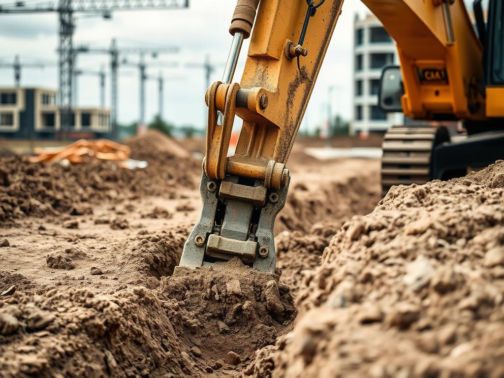 A close-up shot of an excavator digging a trench, with dirt being displaced to the side. The background features a construction site with visible markers for future building outlines. The focus is on the excavator's arm in action, showcasing the precision and skill involved in excavation.