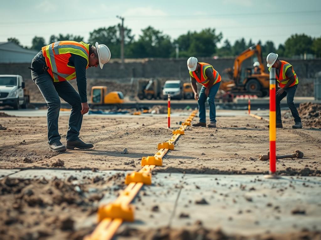 A close-up shot of a construction crew preparing a site, with workers leveling the ground and marking boundaries. The background shows a partially cleared area with construction equipment parked. The image emphasizes teamwork and the organized process of site preparation.